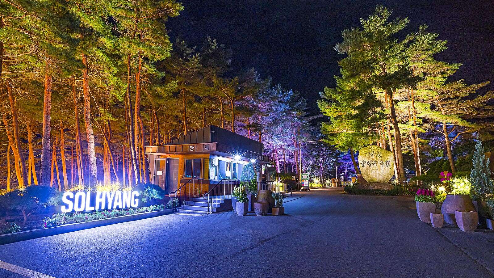 Entrance to Gangneung Solhyang Arboretum with night lights on's Night is<br>More Beautiful Than Its Day