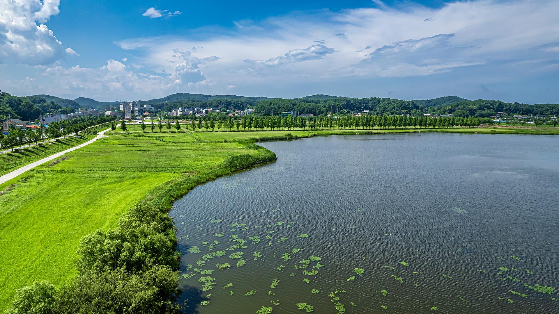 Panoramic view of Gyeongpo Ecological Reservoir from the sky 03